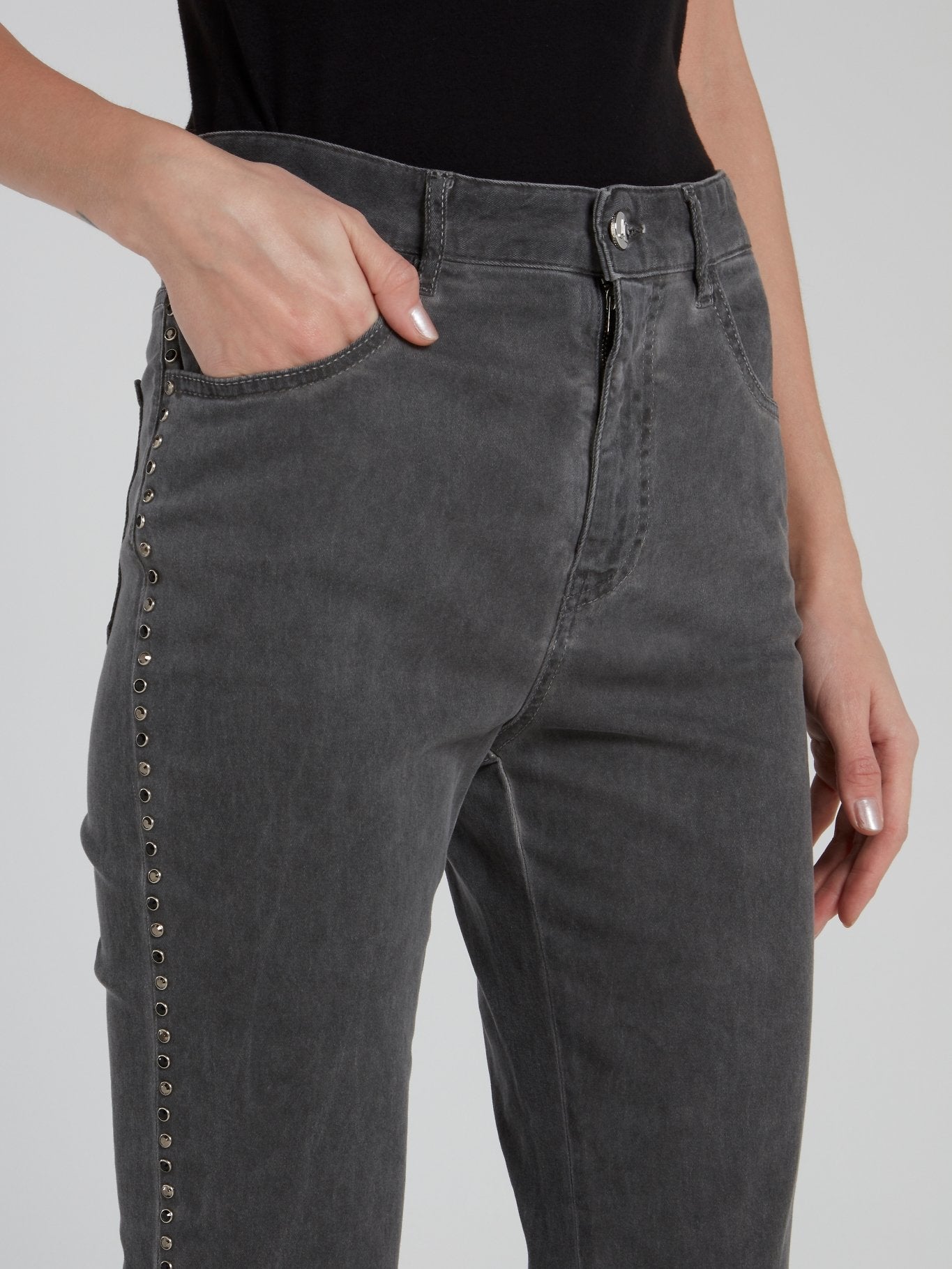 Grey Side Studded High Waist Pants