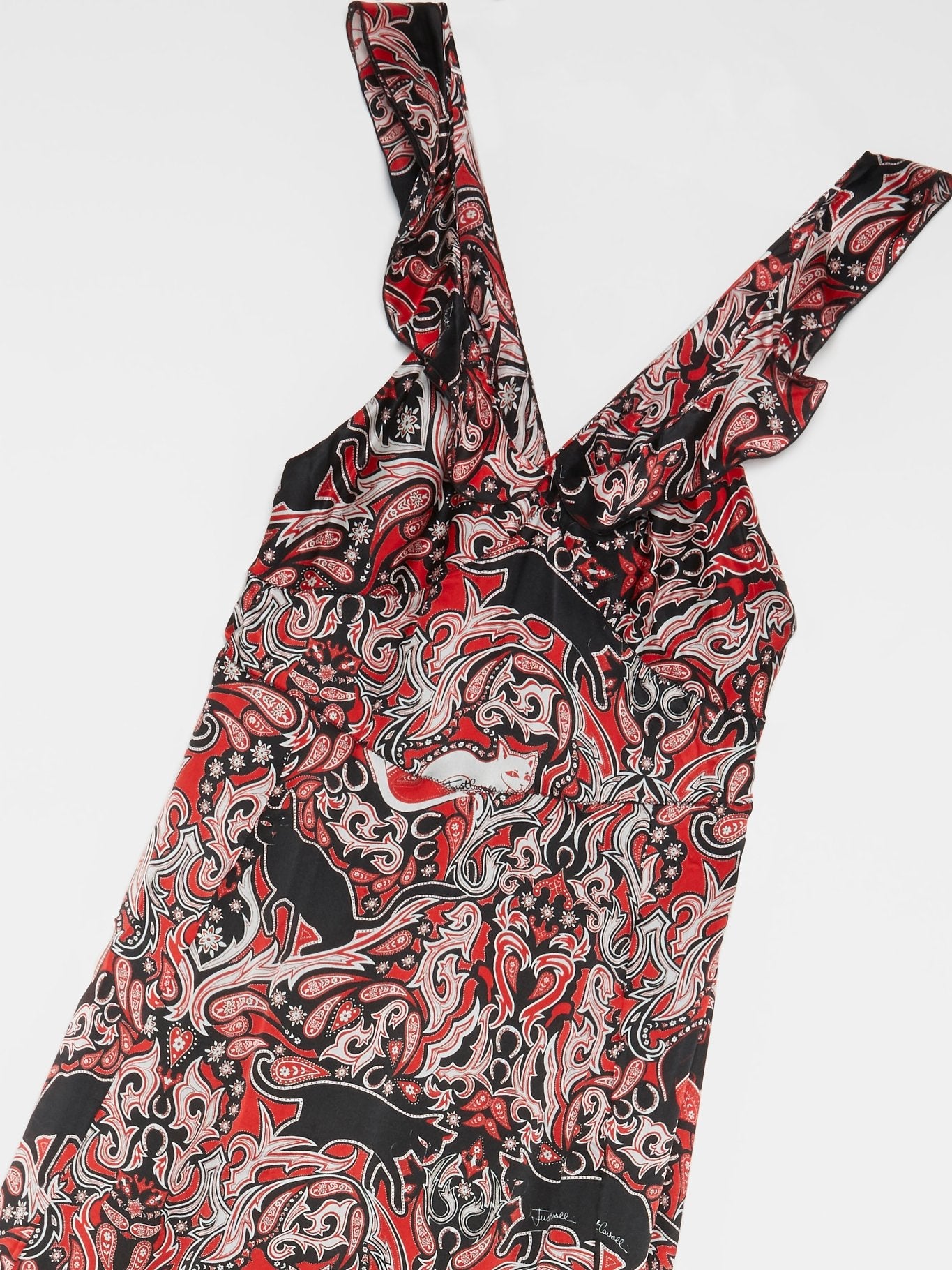 Красное платье-макси с барочным принтом и оборками