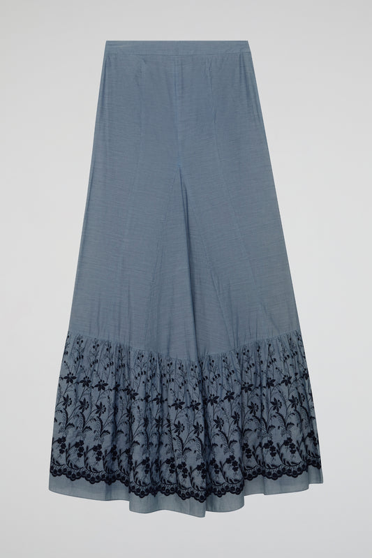 Blue Wrap Skirt with Embroidered Hem