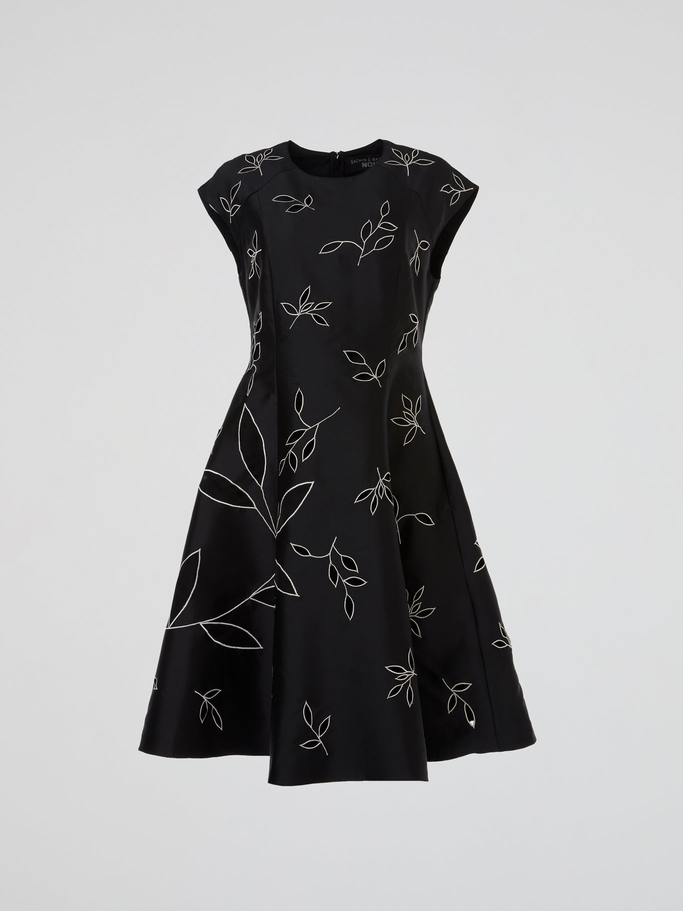 Black Botanical Embroidered Flare Midi