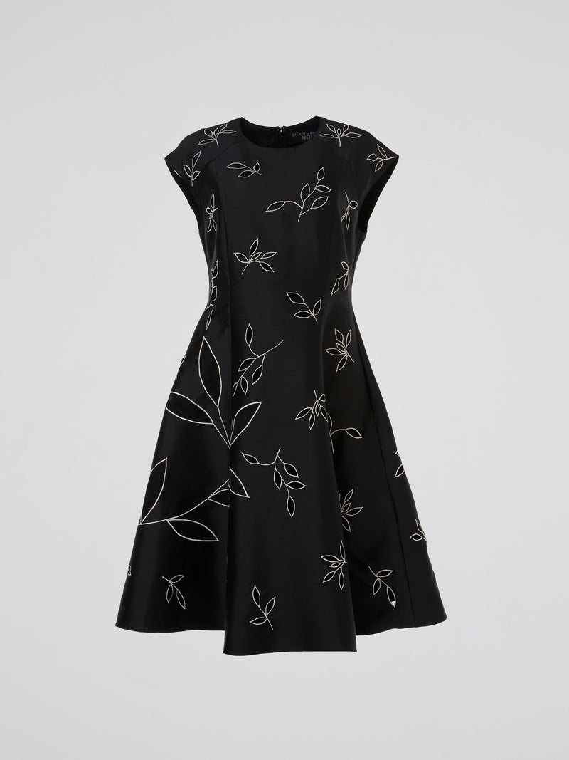 Black Botanical Embroidered Flare Midi