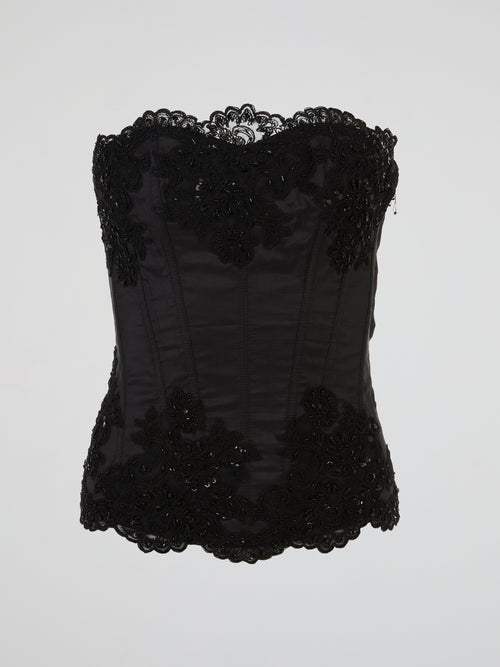 Black Floral Embellished Corset Top