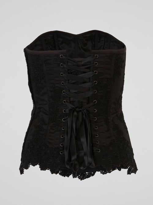 Black Embroidered Satin Corset Top
