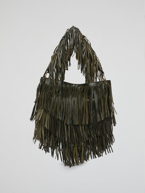 Green Olive Fringe Cascade Shoulder Bag