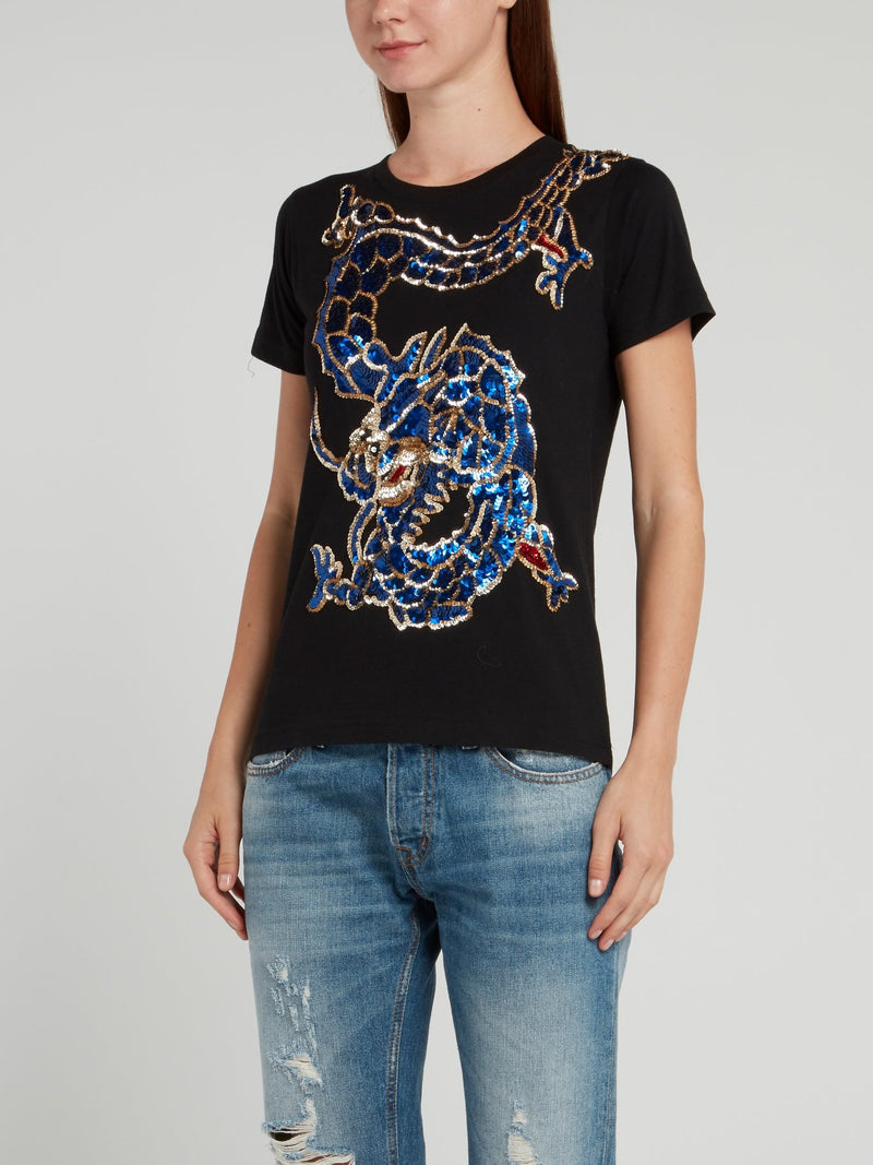Черная хлопковая футболка с декором в виде дракона