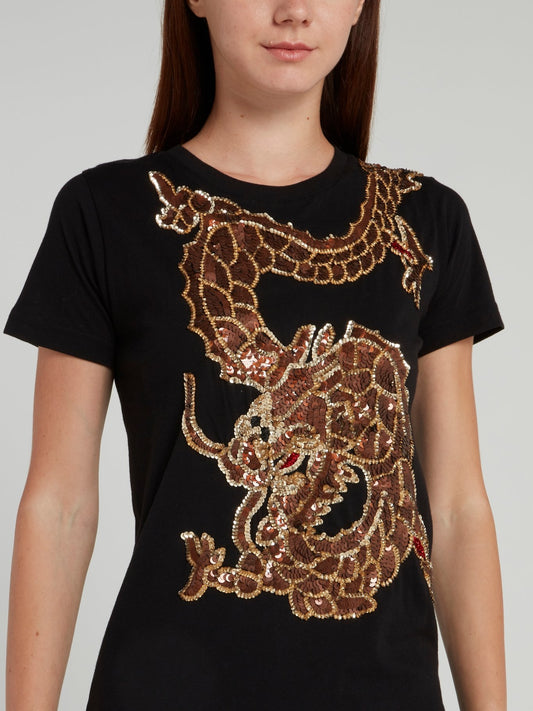 Черная футболка с драконом из пайеток