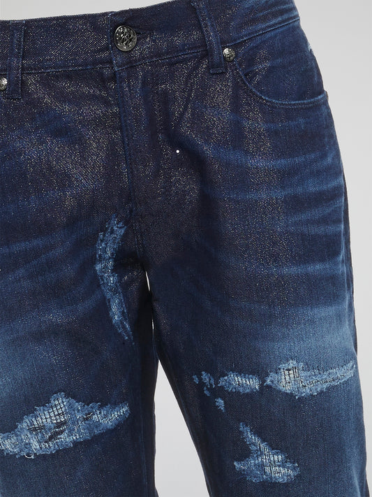 Experience the ultimate in denim luxury with our Navy Distressed Slim Fit Jeans by Roberto Cavalli. Crafted with precision and attention to detail, these jeans are a work of art, combining edgy distressing with a sleek slim fit silhouette. Make a bold fashion statement with these versatile jeans that will take you from day to night in style.