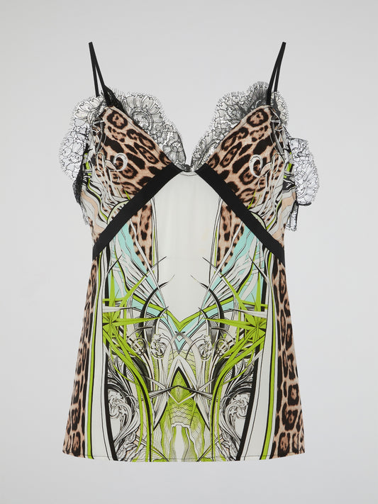 Introducing the Animal Print Lace Trim Top by fashion extraordinaire Roberto Cavalli! Unleash your inner wild side with this untamed yet elegant masterpiece. Combining the fierce allure of an animal print with delicate lace detailing, this top effortlessly oozes confidence and sophistication with every wear.