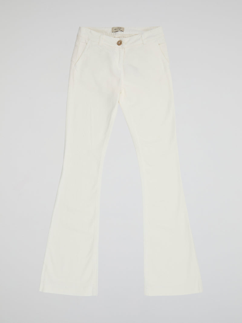 Step into the spotlight with these stunning White Flared trousers from Ki6?who Are You? Made with luxurious and breathable fabric, these trousers will elevate any look with their sleek and sophisticated design. Whether you're dressing up for a night out or keeping it casual during the day, these trousers are a must-have addition to your wardrobe.