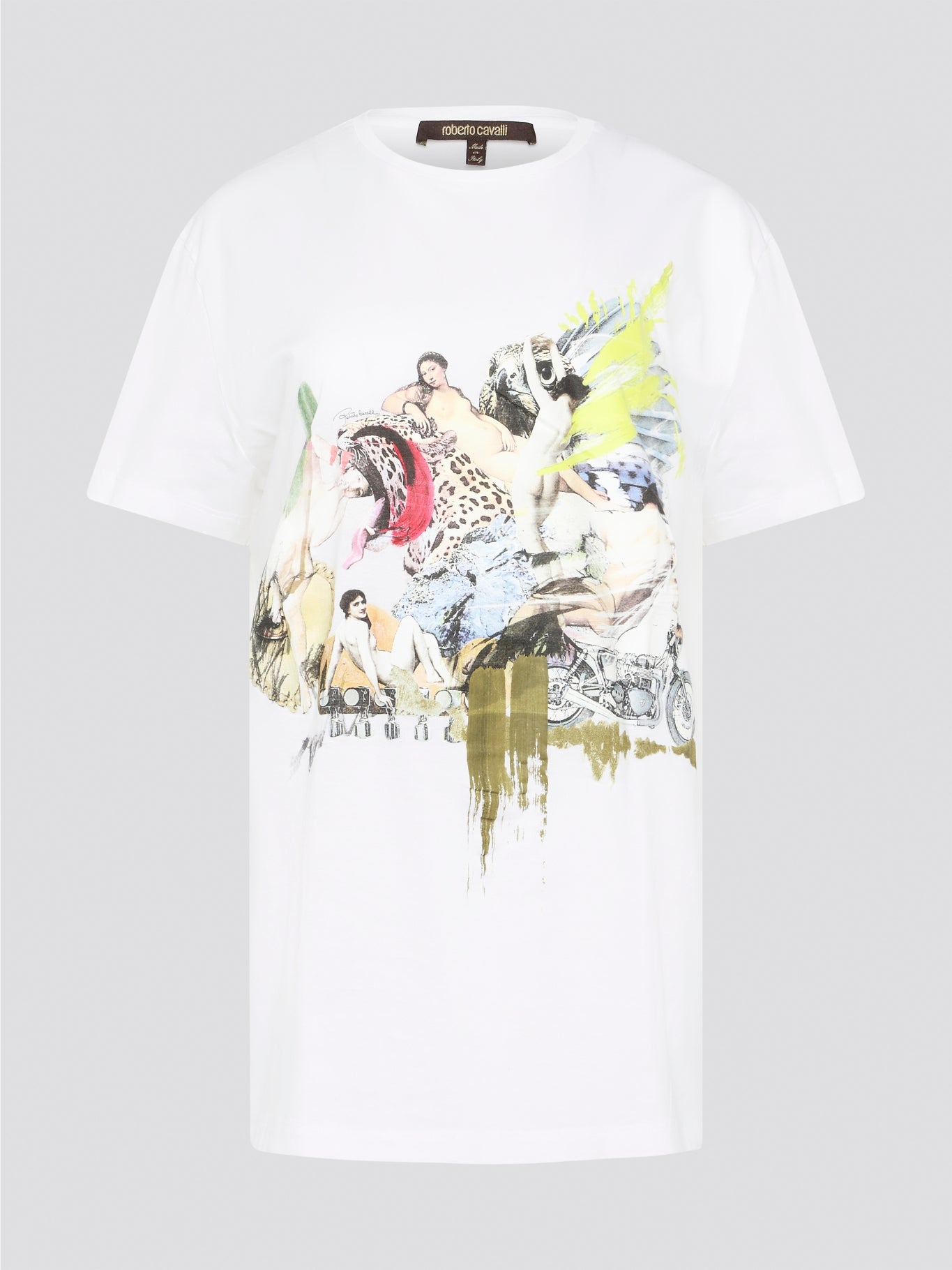 Elevate your casual style with the White Printed Oversized T-Shirt from Roberto Cavalli. Made with premium cotton fabric, this tee features a bold and eye-catching print that will set you apart from the crowd. Whether you dress it up with heels or keep it cool with sneakers, this statement piece is a must-have for your wardrobe.