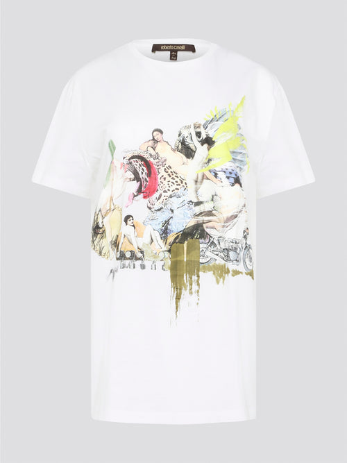 Elevate your casual style with the White Printed Oversized T-Shirt from Roberto Cavalli. Made with premium cotton fabric, this tee features a bold and eye-catching print that will set you apart from the crowd. Whether you dress it up with heels or keep it cool with sneakers, this statement piece is a must-have for your wardrobe.