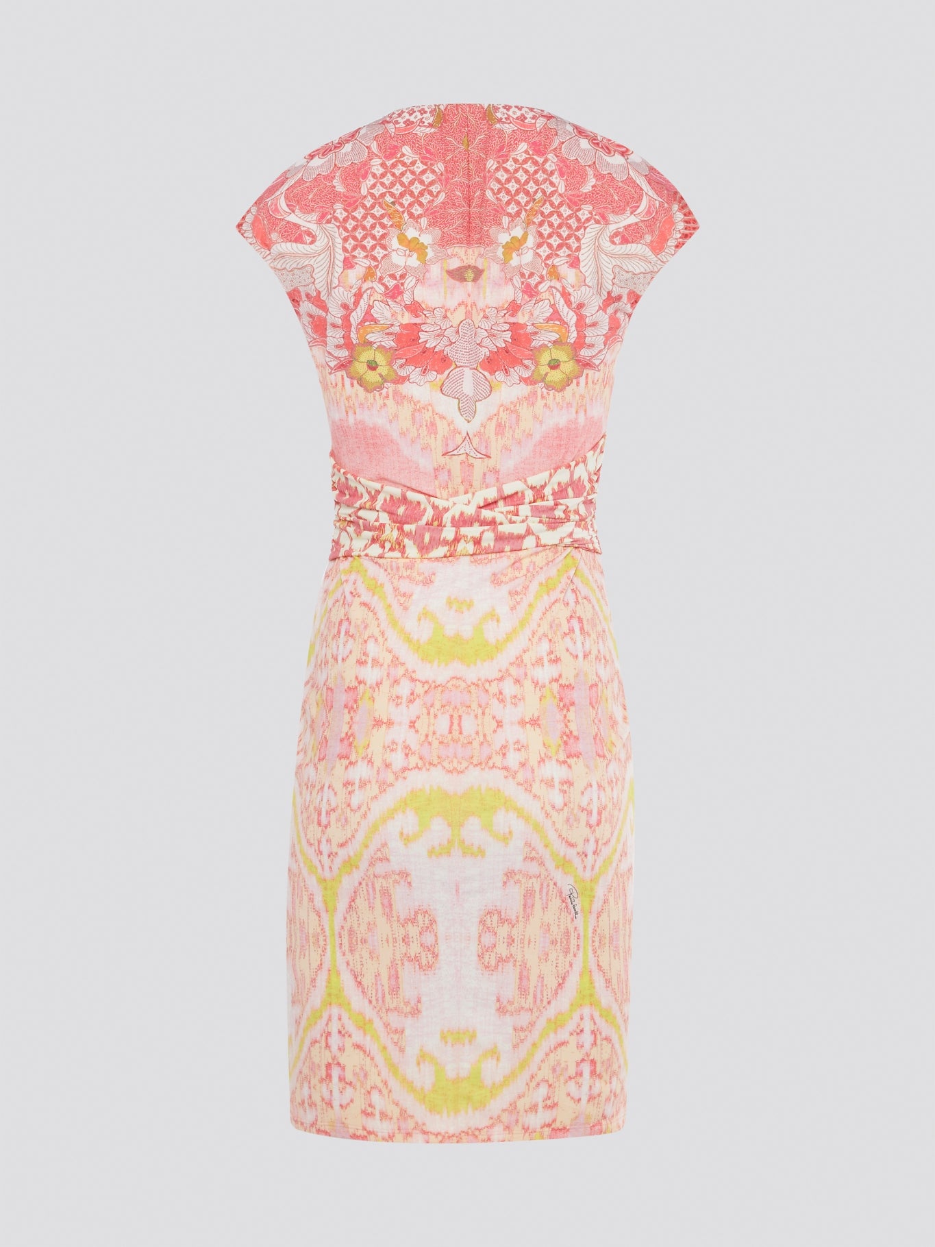 Transform any occasion into a fashion moment with this Pink Printed Cap Sleeve Dress by Roberto Cavalli. The vibrant hues and striking print instantly command attention, while the flattering cap sleeves and fitted silhouette elevate your feminine allure. Embrace your inner style icon and make a statement in this bold and beautiful designer dress.