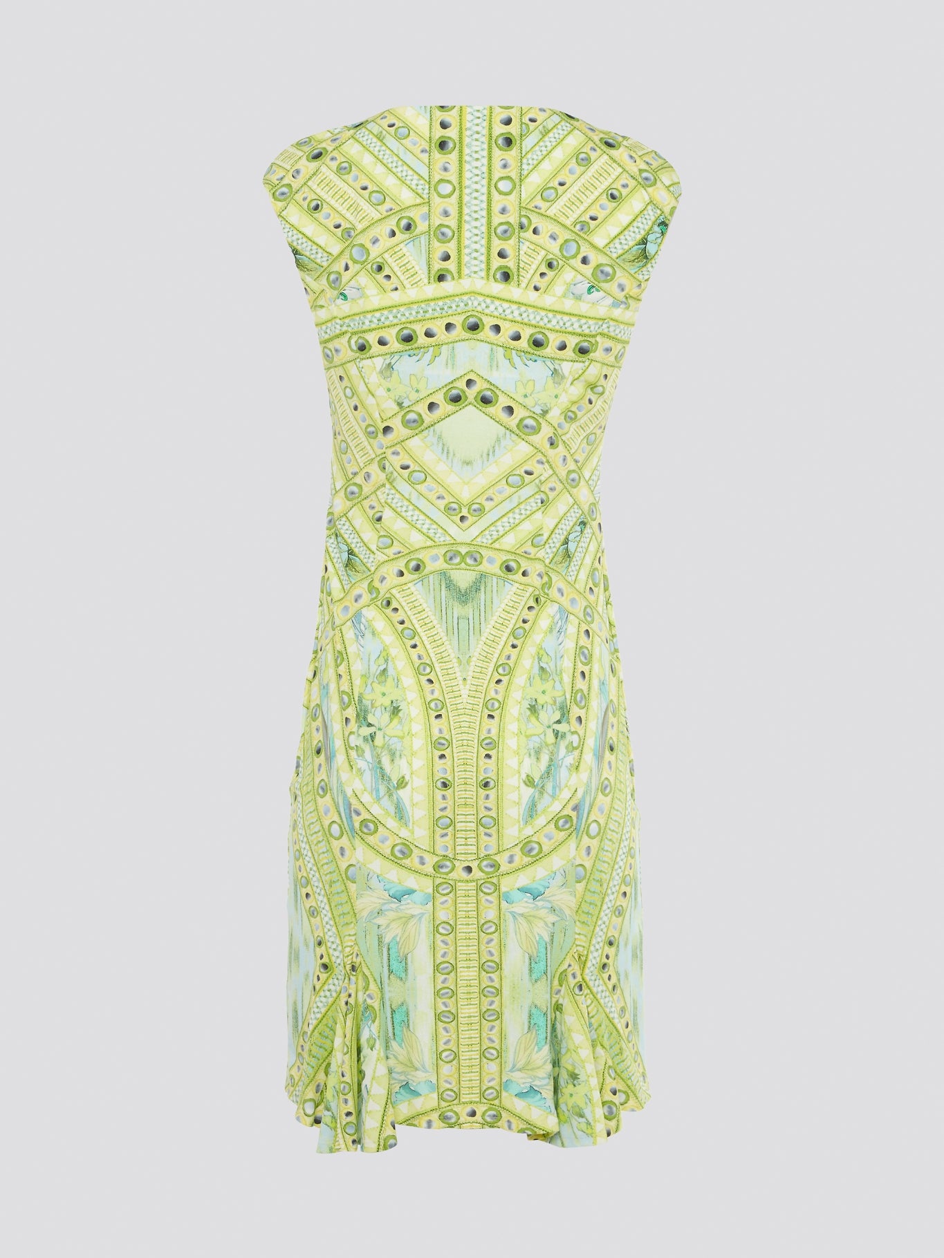 Embrace your inner goddess with this stunning Green Printed Sleeveless Dress from Roberto Cavalli. The intricate floral pattern and bold green hue will turn heads wherever you go, making you feel like a true fashion icon. Perfect for summer weddings, garden parties, or even a night out on the town, this dress is a must-have for any fashion-forward woman.