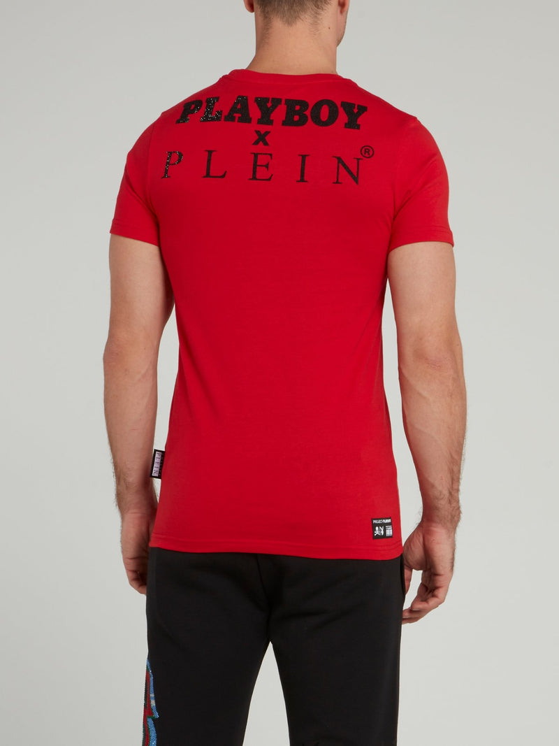 Красная футболка с круглым вырезом и принтом Playboy