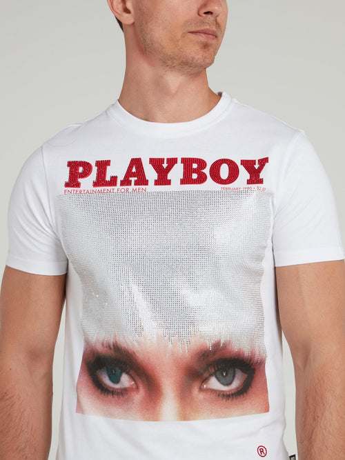 White Playboy Print Round Neck T-Shirt