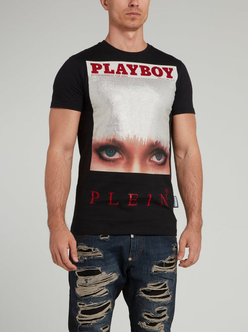 Черная футболка с круглым вырезом и рисунком Playboy
