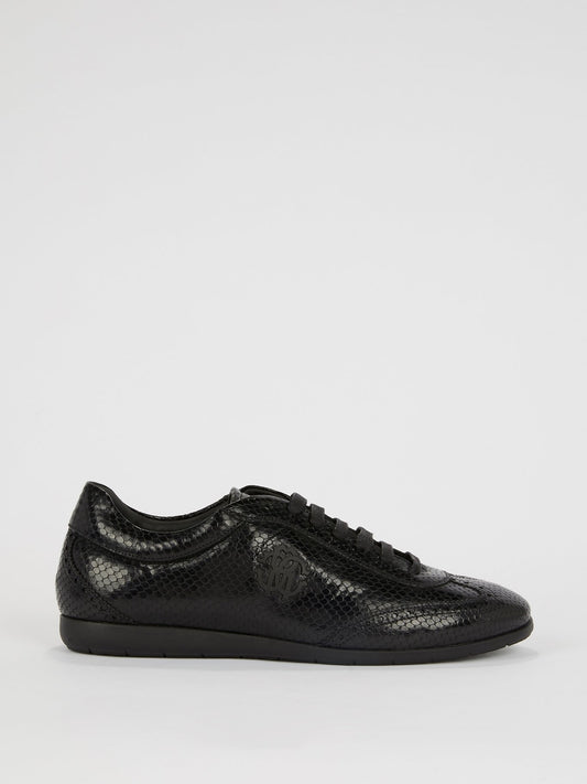 Black Snake-Effect Leather Sneakers