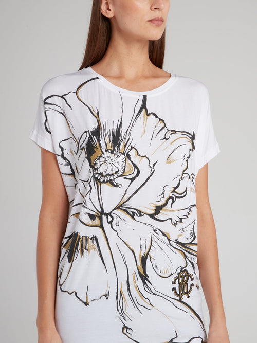 White Flower Print Short Sleeve T-Shirt