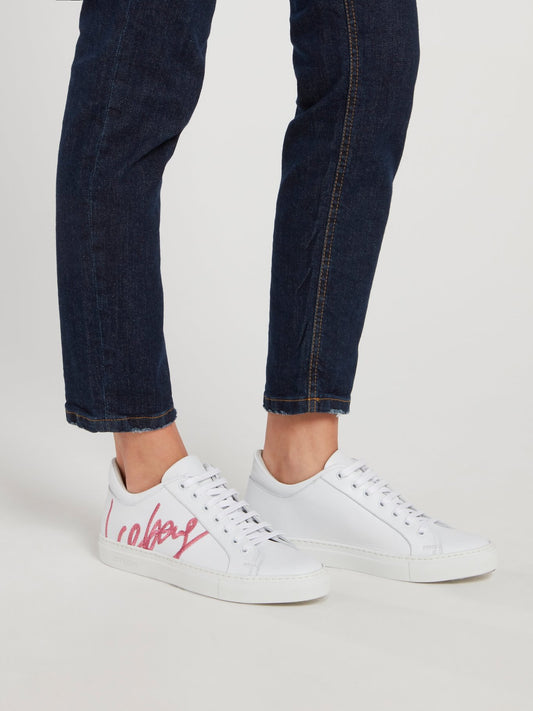 White Logo Embroidered Lace Up Sneakers