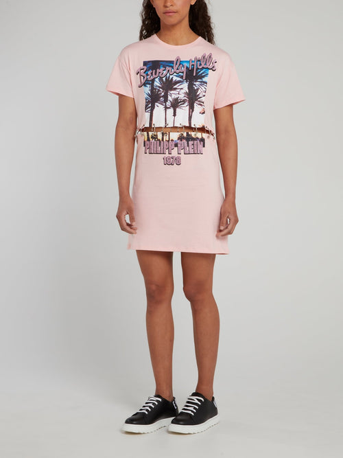 Pink Ring Waist Embellished Graphic T-Shirt Dress