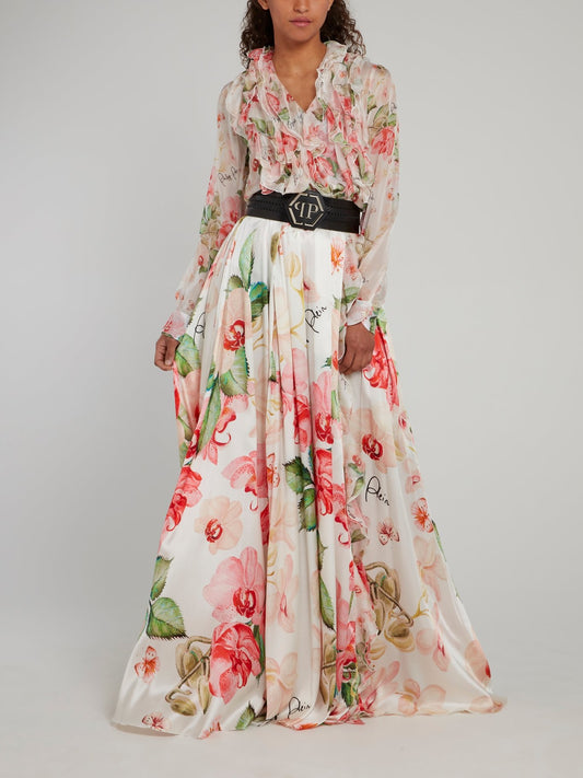 Расклешенная шелковая юбка-макси с цветочным принтом