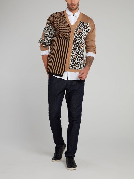 Коричневый пуловер со вставками из леопардового принта и полоской