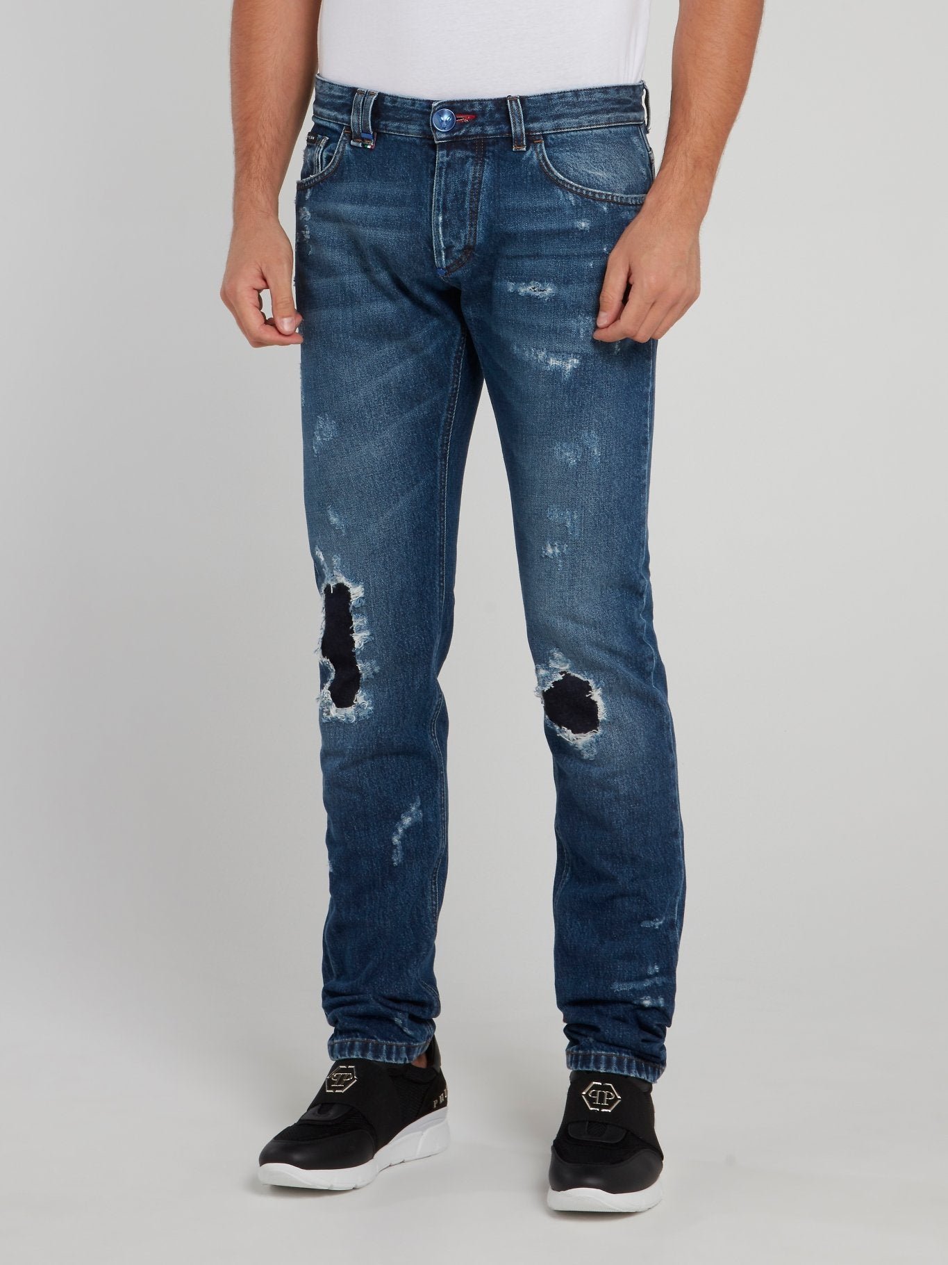 Blue Distressed Straight Cut Jeans