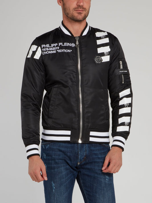 Black Stripe Edge Skull Print Bomber Jacket