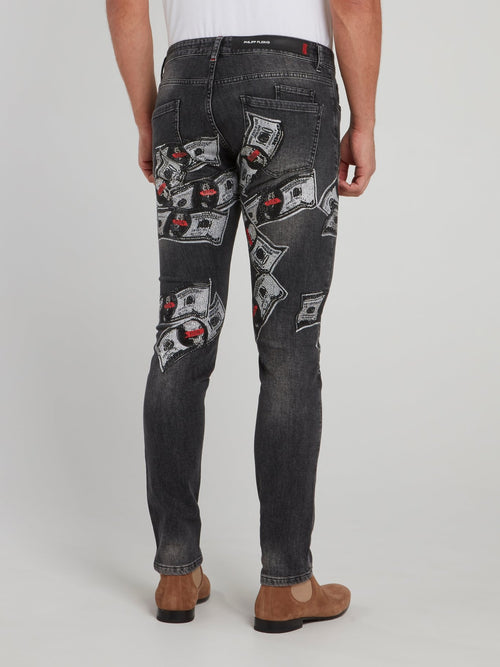 Серые облегающие джинсы с изображением долларов