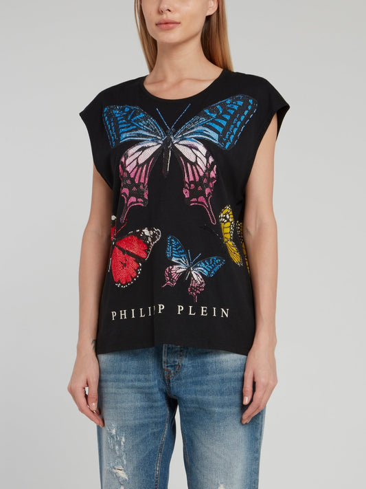 Black Studded Butterfly Cap Sleeve Shirt