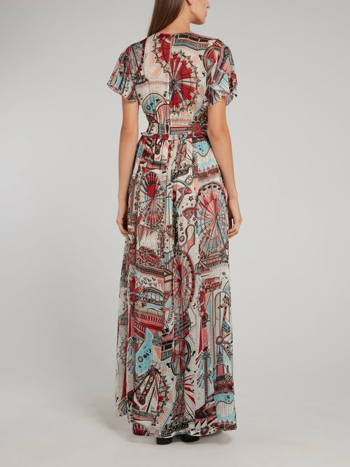 Theme Park Print Surplice Maxi Dress