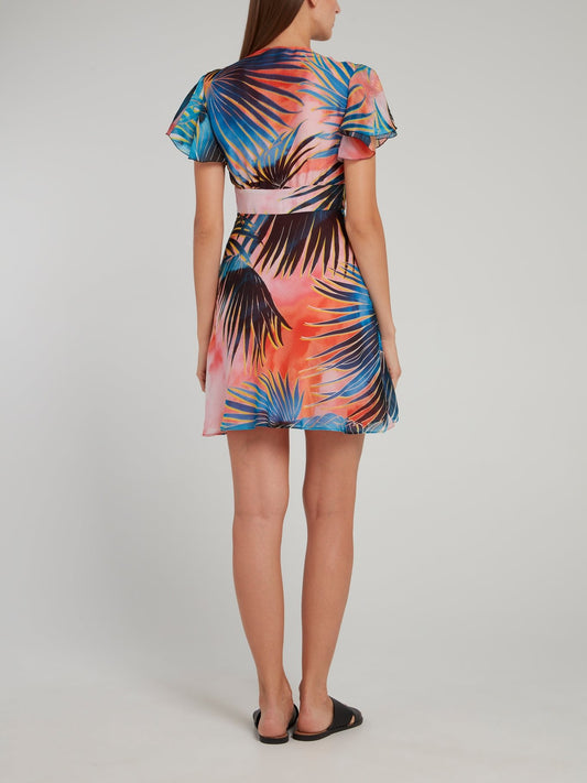 Palm Print Keyhole Mini Dress