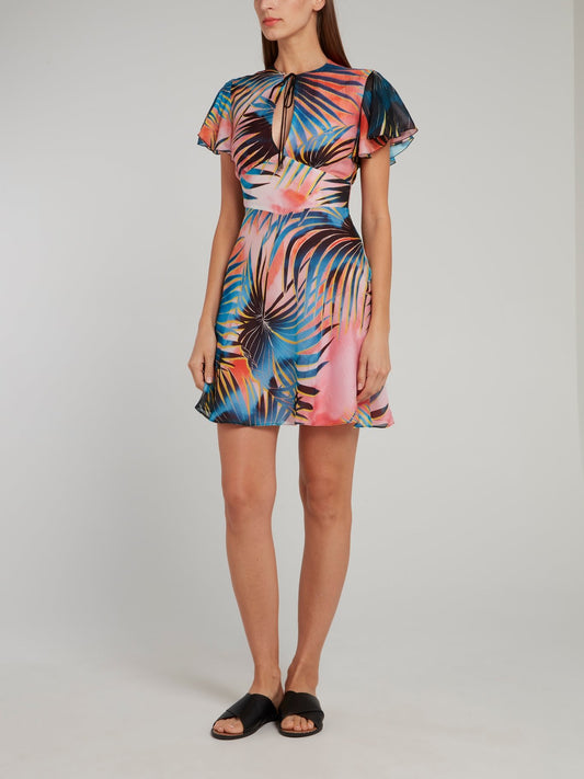 Palm Print Keyhole Mini Dress