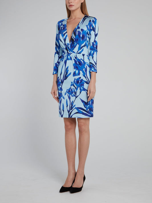 Blue Floral Print Three Quarter Sleeve Dress