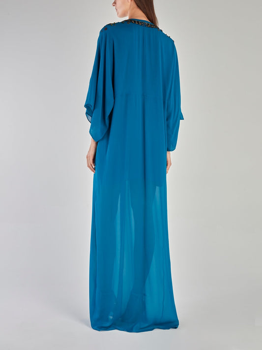 Синее платье-макси с разрезом и вышивкой бисером