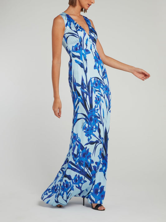 Платье-макси с синим цветочным принтом и завышенной талией