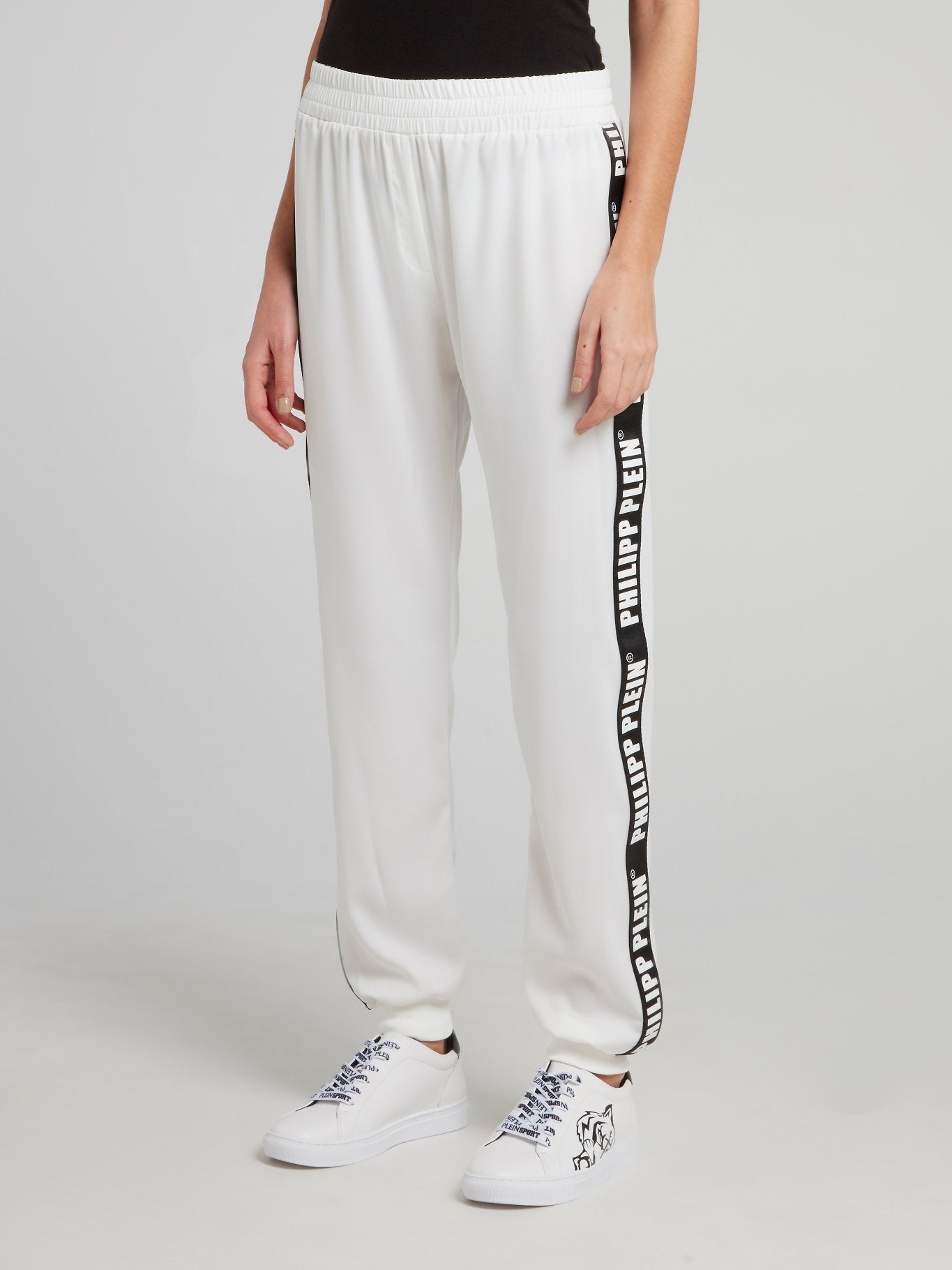 White Logo Side Stripe Waistband Track Pants