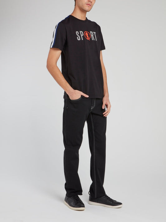 Черная хлопковая футболка с полоской на рукавах