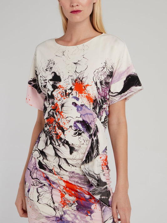 Printed Ruched Half Sleeve Mini Dress