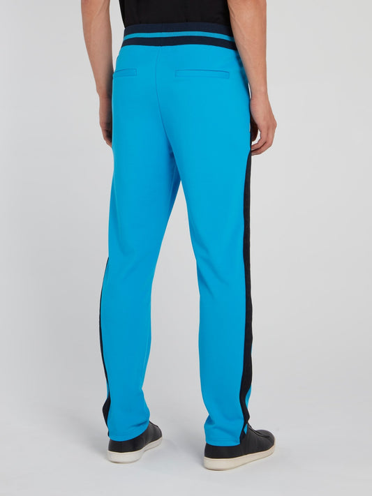 Blue Ribbed Waistband Side Stripe Pants