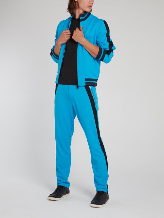 Blue Ribbed Waistband Side Stripe Pants