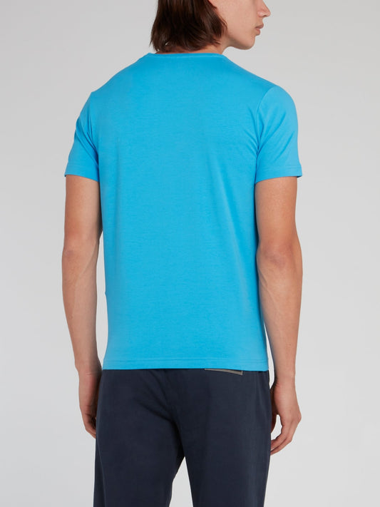 Blue Logo Print Round Neck T-Shirt