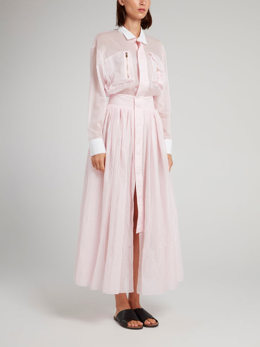 Розовое платье-макси с длинными рукавами