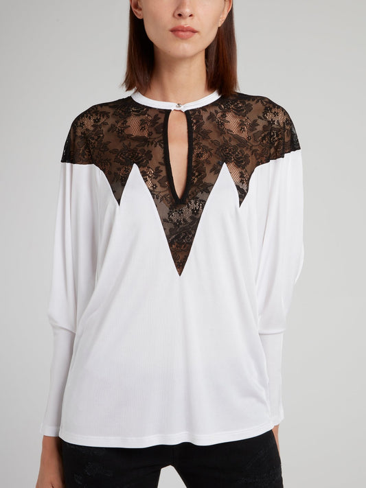 White Lace Panel Keyhole Top