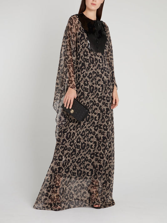 Платье-макси с леопардовым принтом и черным воротником из пайеток