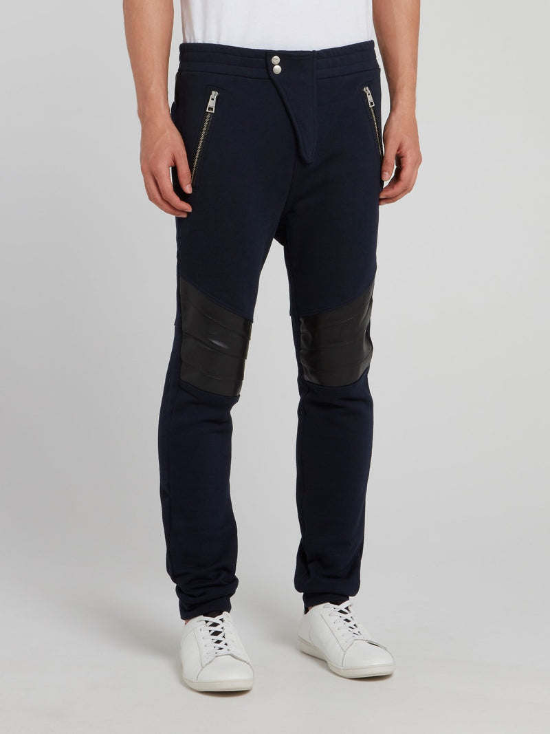 Темно-синие кожаные брюки со вставками на коленях