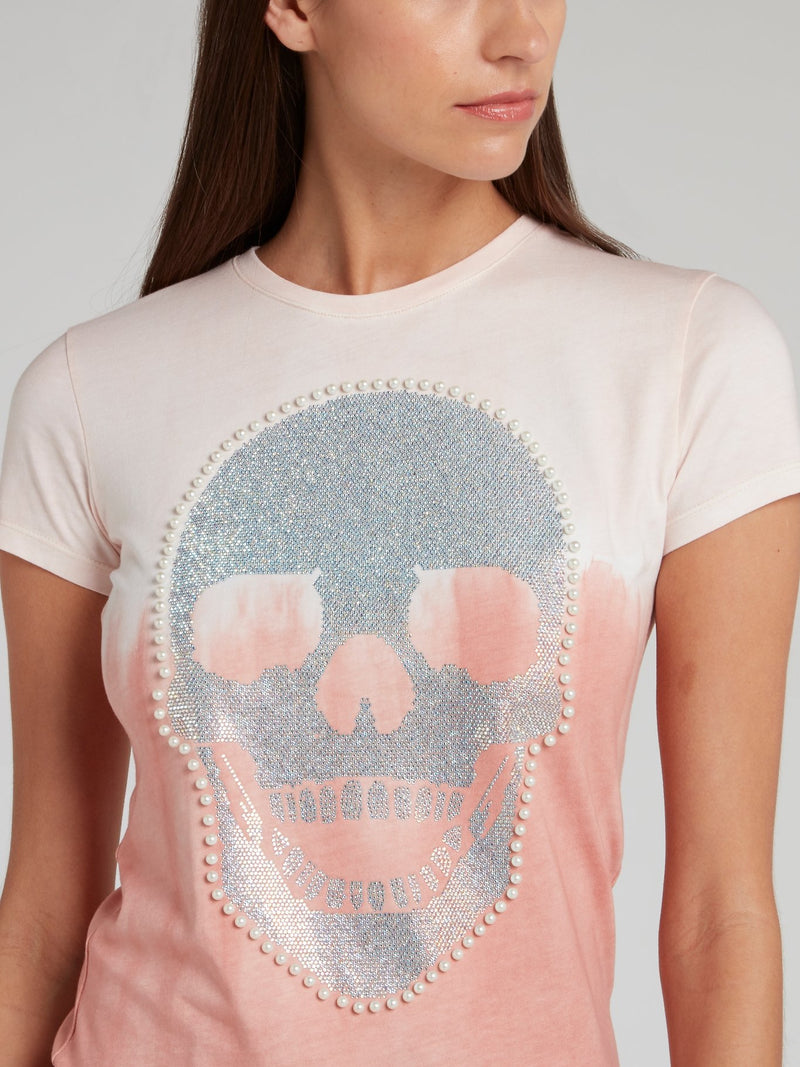 Pink Pearl Embellished Skull T-Shirt