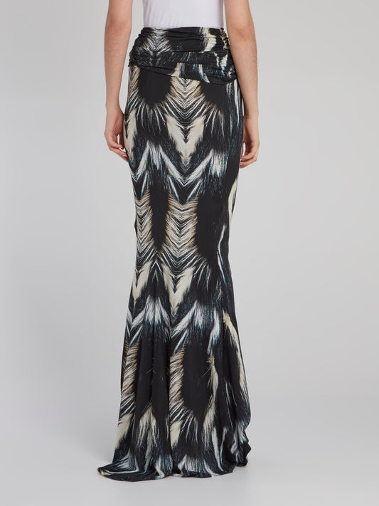 Black Pattern Print Draped Maxi Skirt