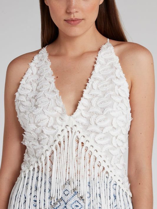 White Feather Detail Fringe Cami Top