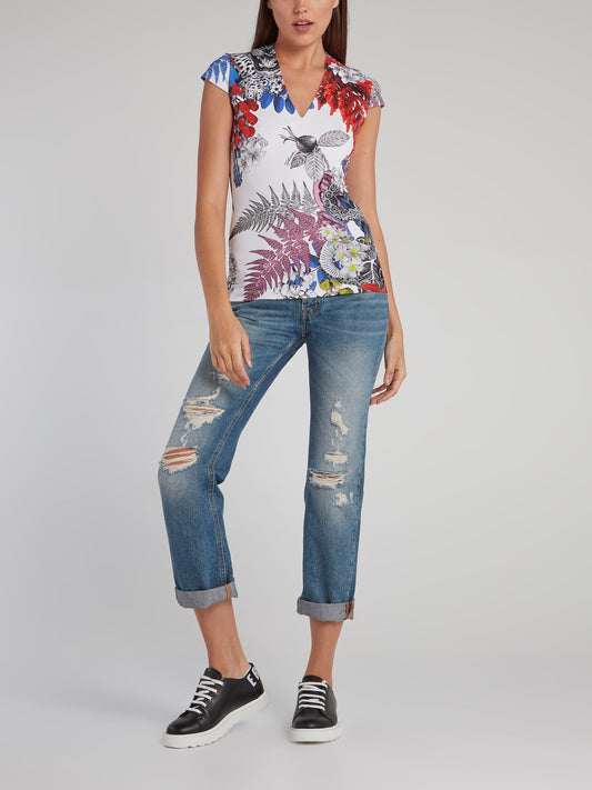 Tropical Print V-Neck Top